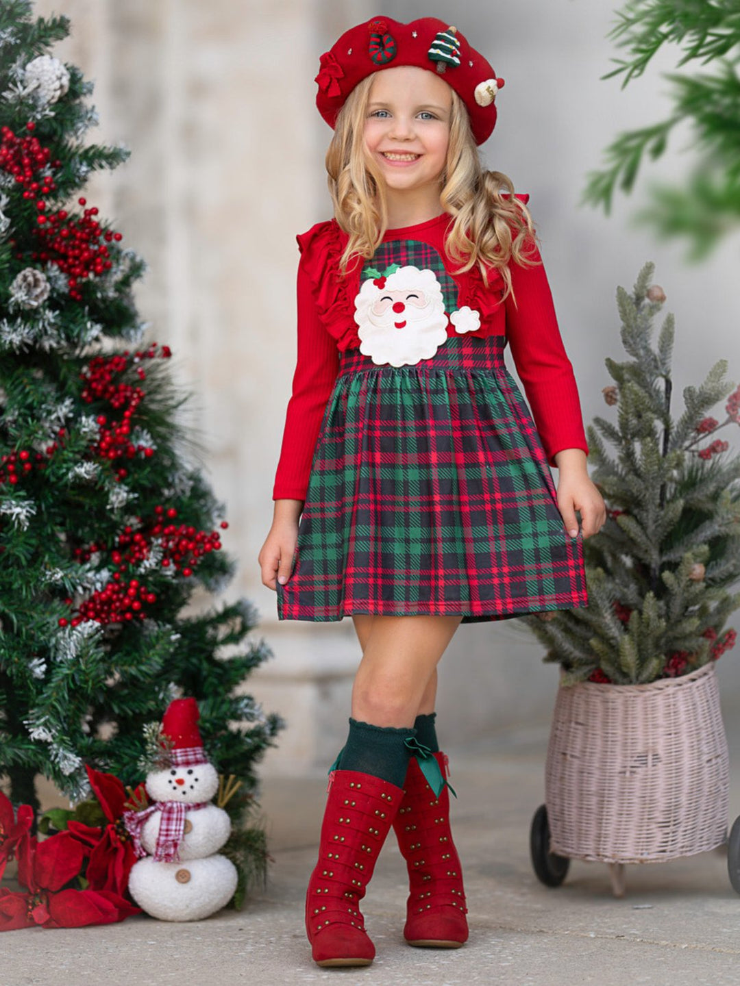 Santa Ruffled Plaid Long Sleeve Dress Mia Belle Girls
