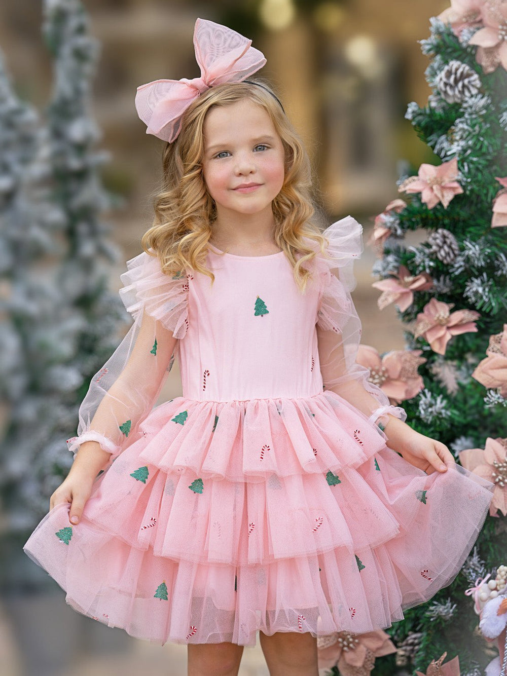 Frosted Pink Candy Cane Christmas Ruffled Tutu Dress Mia Belle Girls