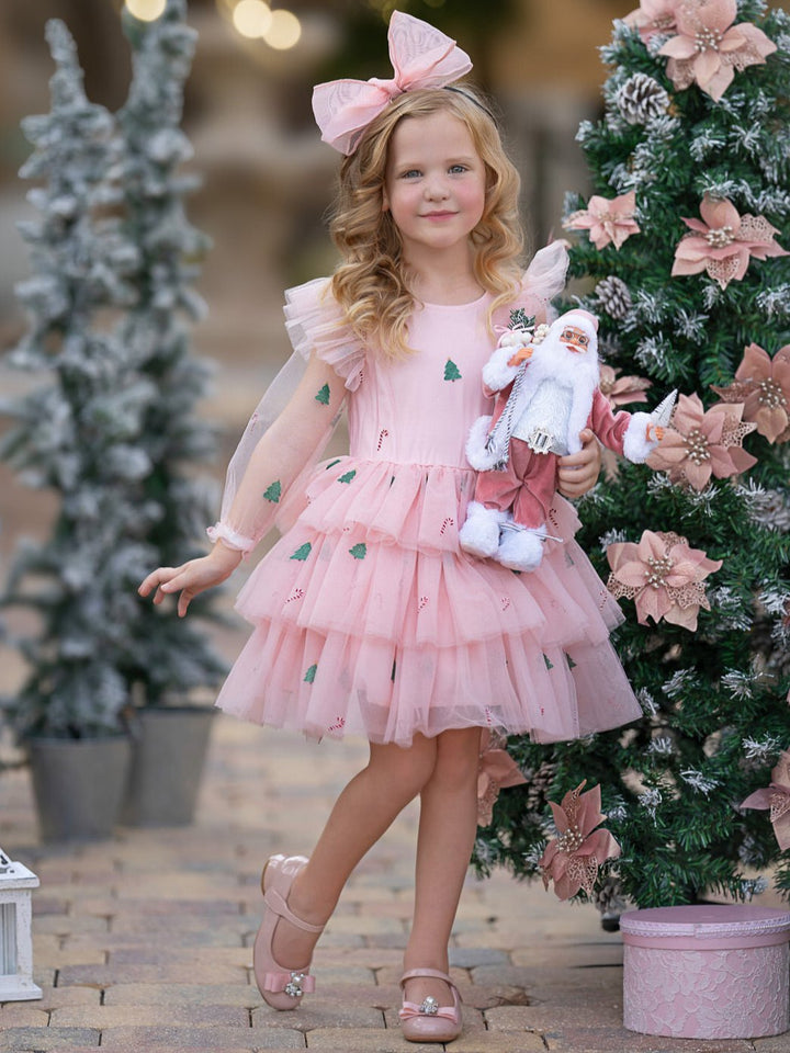 Frosted Pink Candy Cane Christmas Ruffled Tutu Dress Mia Belle Girls