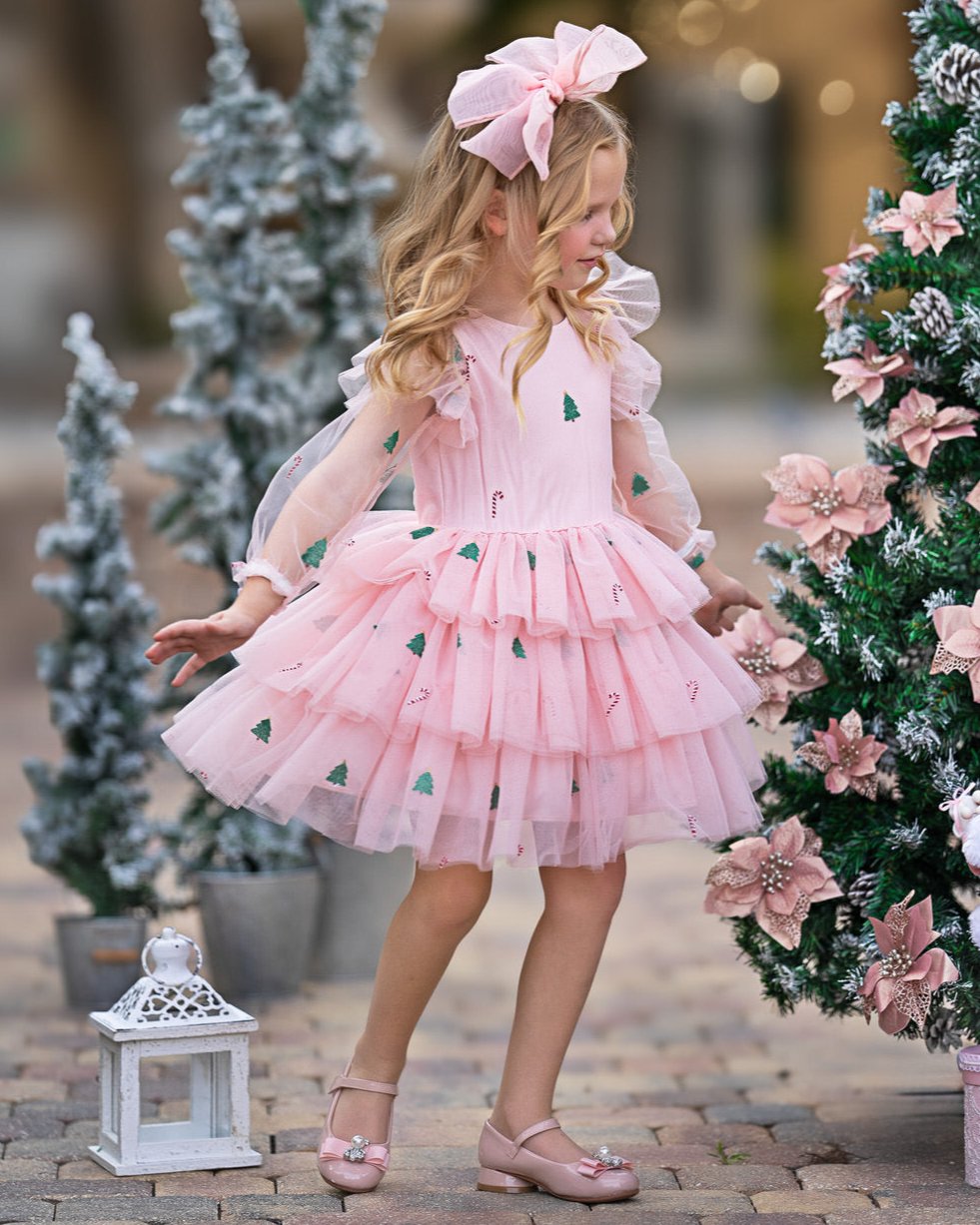 Frosted Pink Candy Cane Christmas Ruffled Tutu Dress Pink / 4T