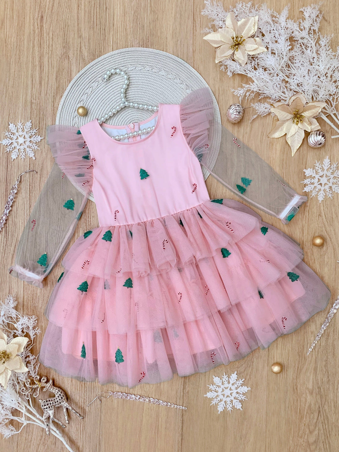 Frosted Pink Candy Cane Christmas Ruffled Tutu Dress Pink / 4T