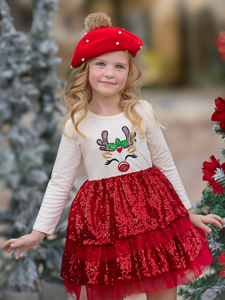 Sparkling Reindeer Sequin Long Sleeve Tutu Dress Mia Belle Girls