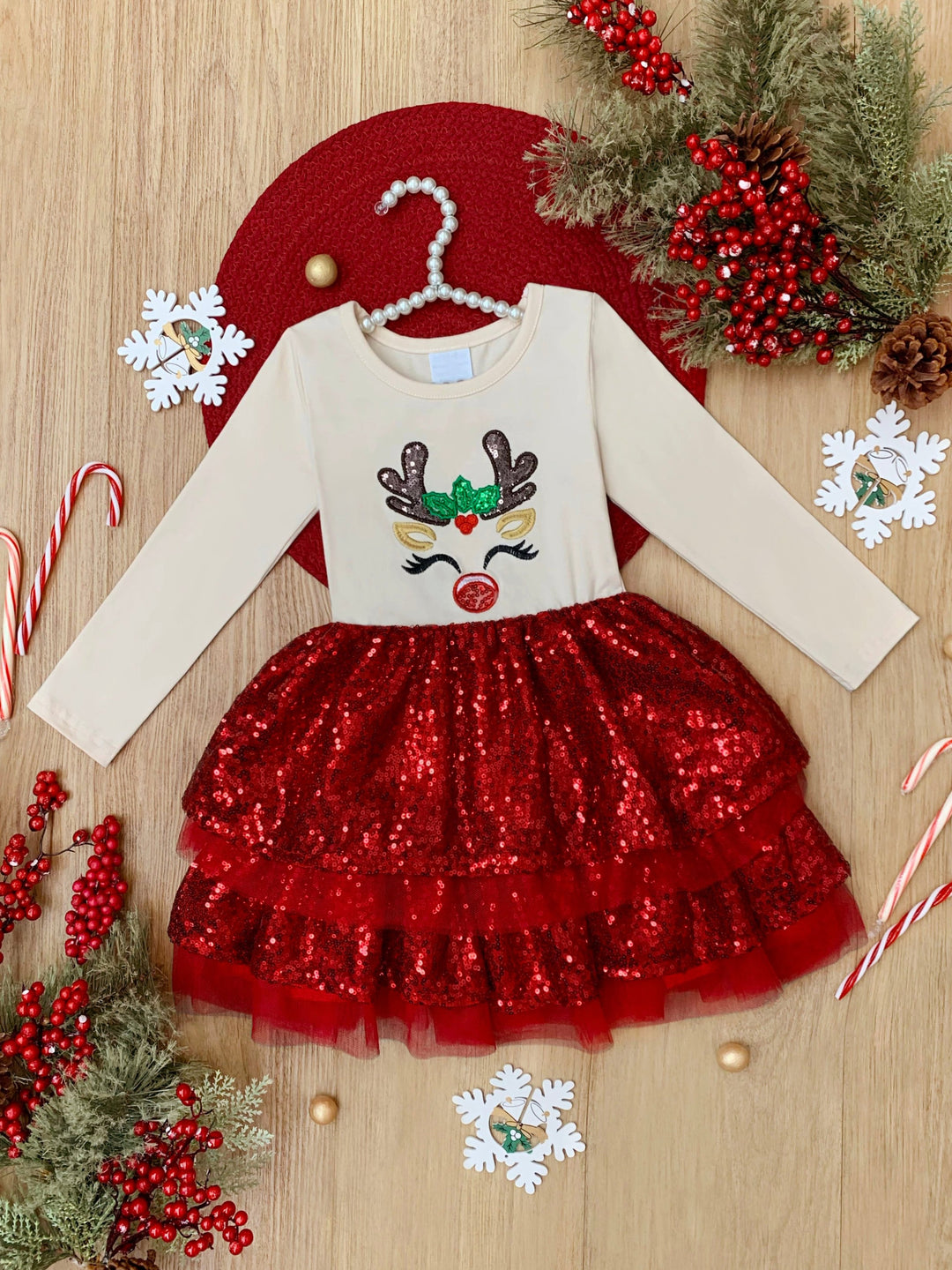 Sparkling Reindeer Sequin Long Sleeve Tutu Dress Mia Belle Girls