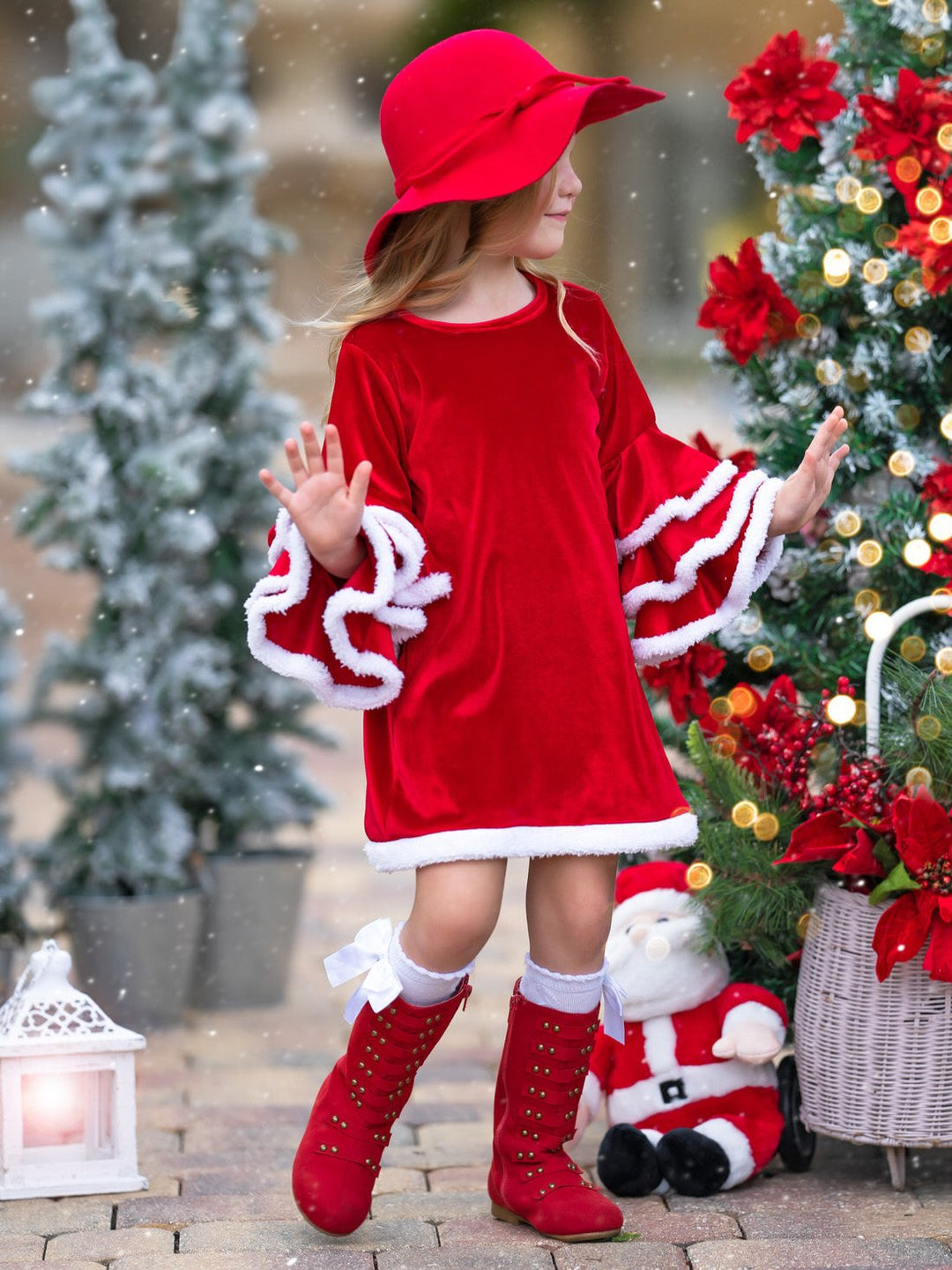 Velvet Santa Bell Sleeve with Faux Fur Dress Mia Belle Girls