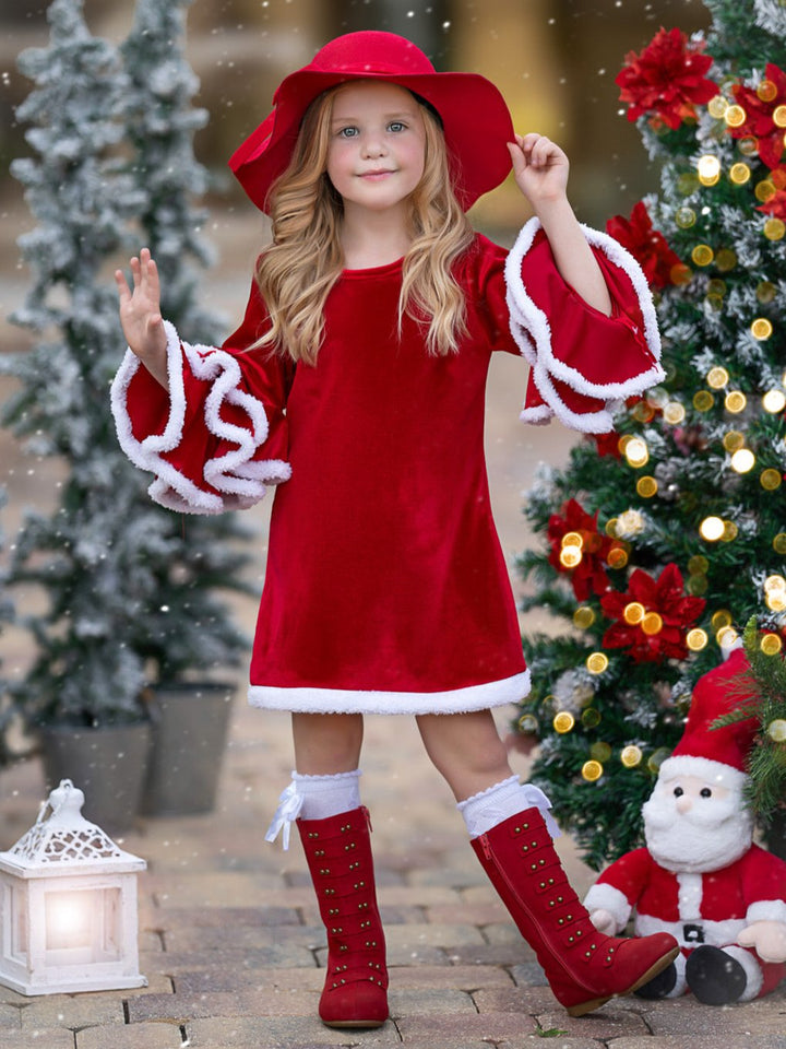 Velvet Santa Bell Sleeve with Faux Fur Dress Mia Belle Girls