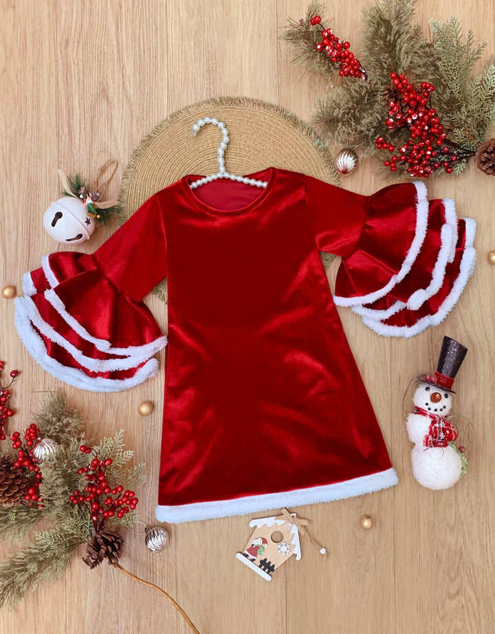Velvet Santa Bell Sleeve with Faux Fur Dress Mia Belle Girls