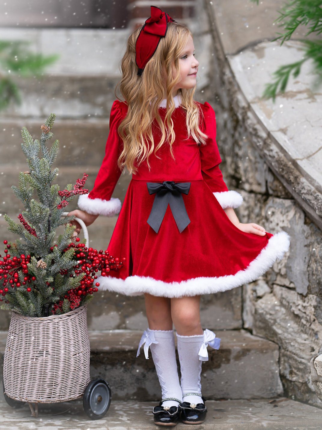 Festive Feelings Velour and Fur Trim Dress Mia Belle Girls