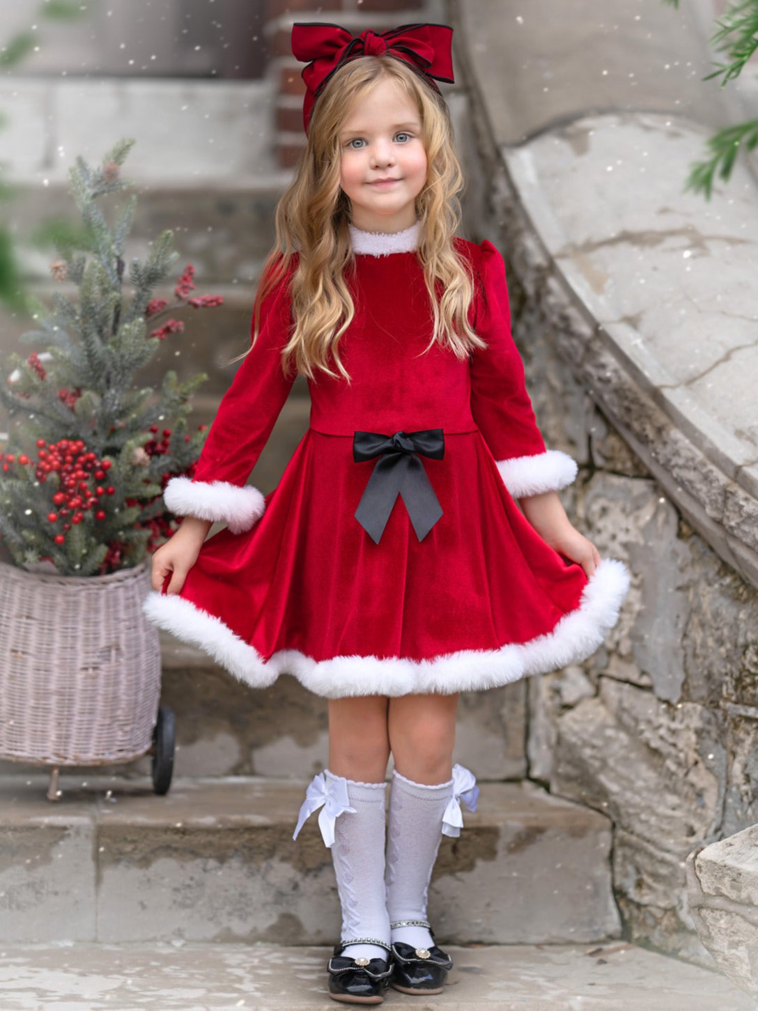 Festive Feelings Velour and Fur Trim Dress – Mia Belle Girls