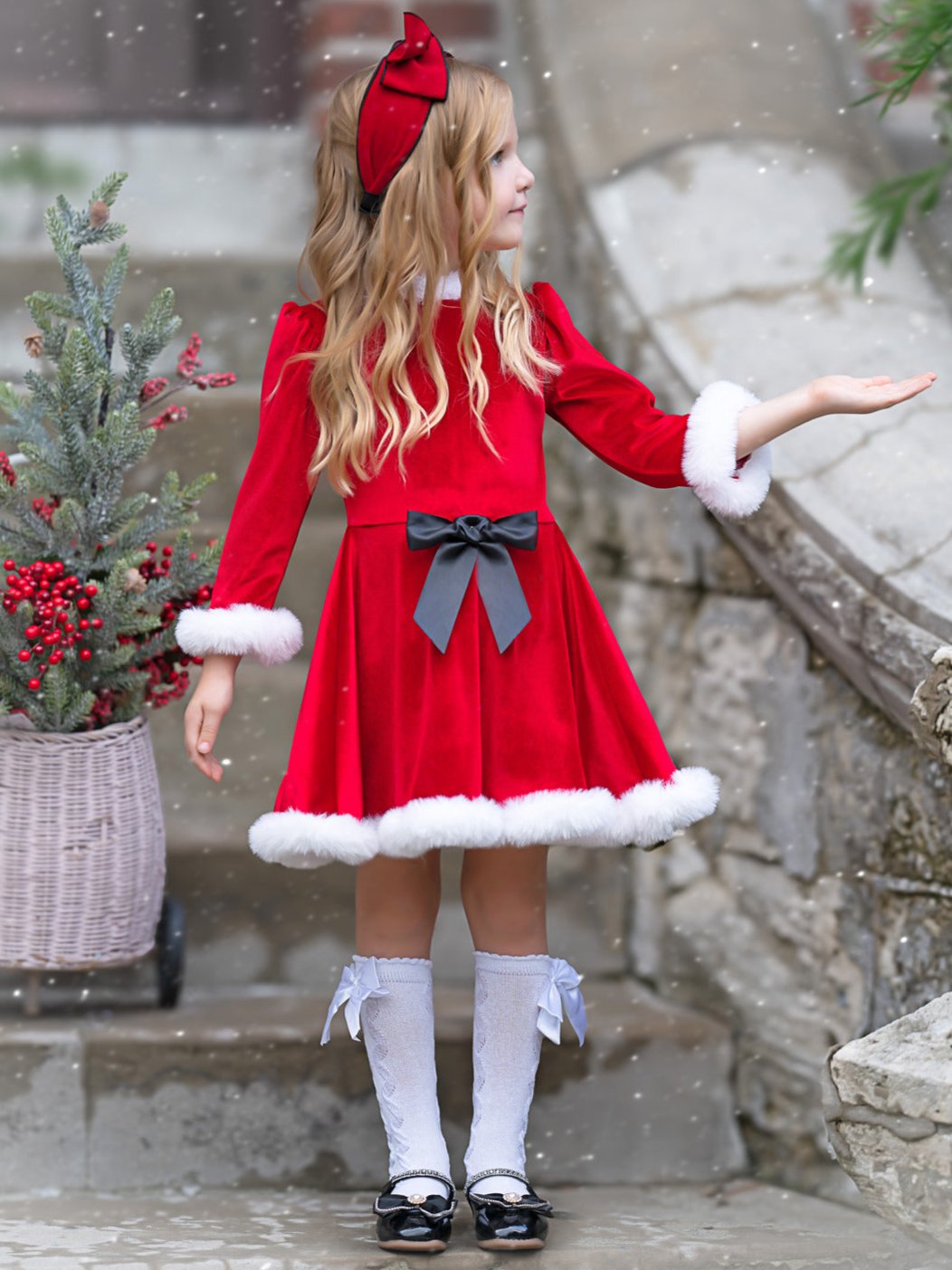 Festive Feelings Velour and Fur Trim Dress Mia Belle Girls