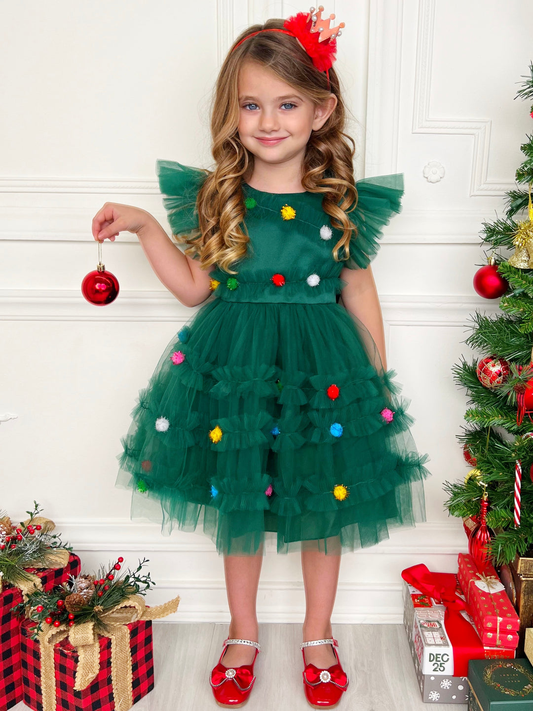 Festive Christmas Pom Pom Tulle Dress Mia Belle Girls