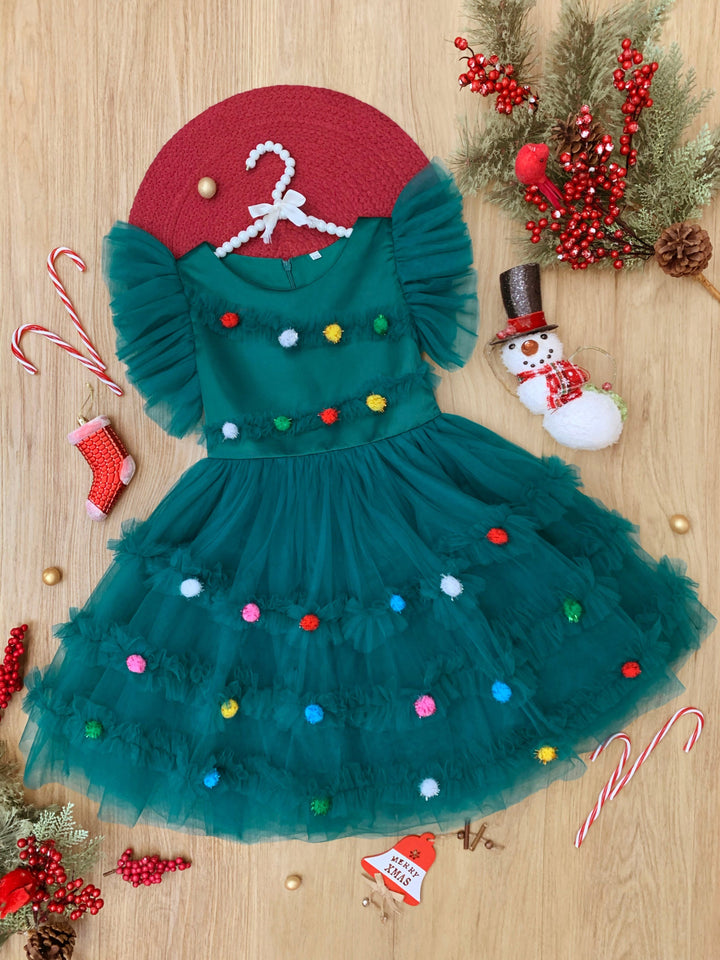 Festive Christmas Pom Pom Tulle Dress Mia Belle Girls