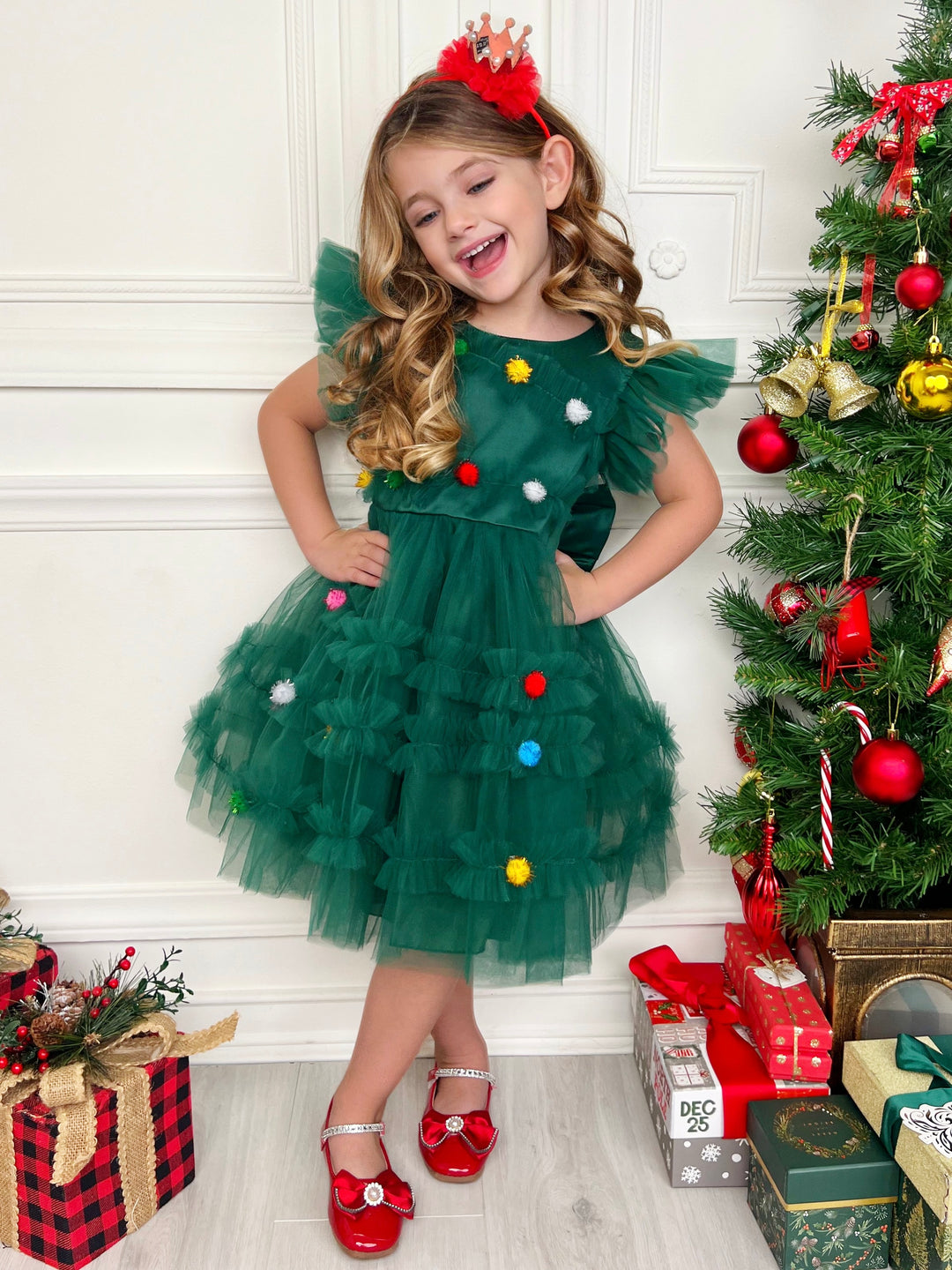 Festive Christmas Pom Pom Tulle Dress Mia Belle Girls