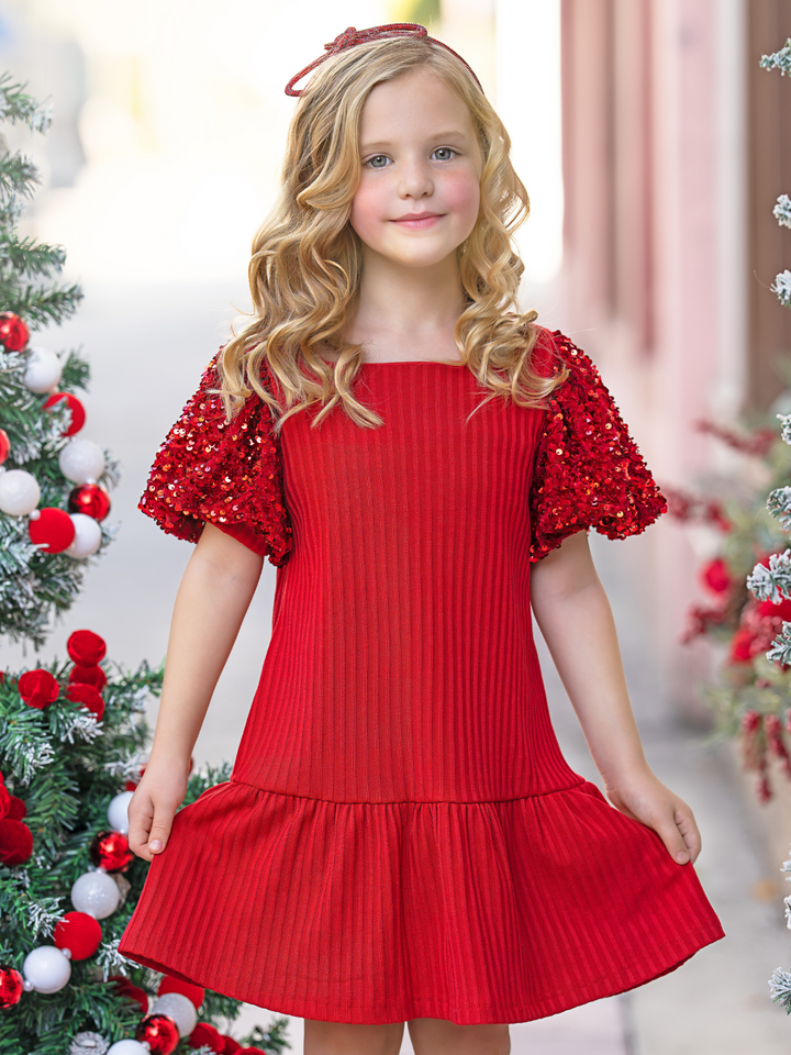 Holly Glam Sequin Puff Sleeve Red Dress
