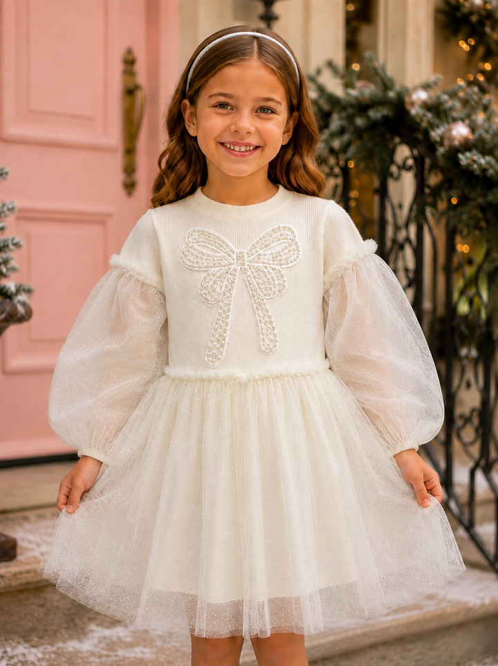 Snowy Sparkle Ivory Bow Tulle Dress
