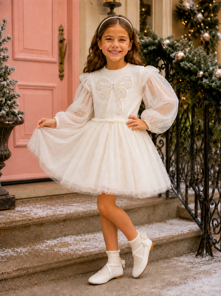 Snowy Sparkle Ivory Bow Tulle Dress