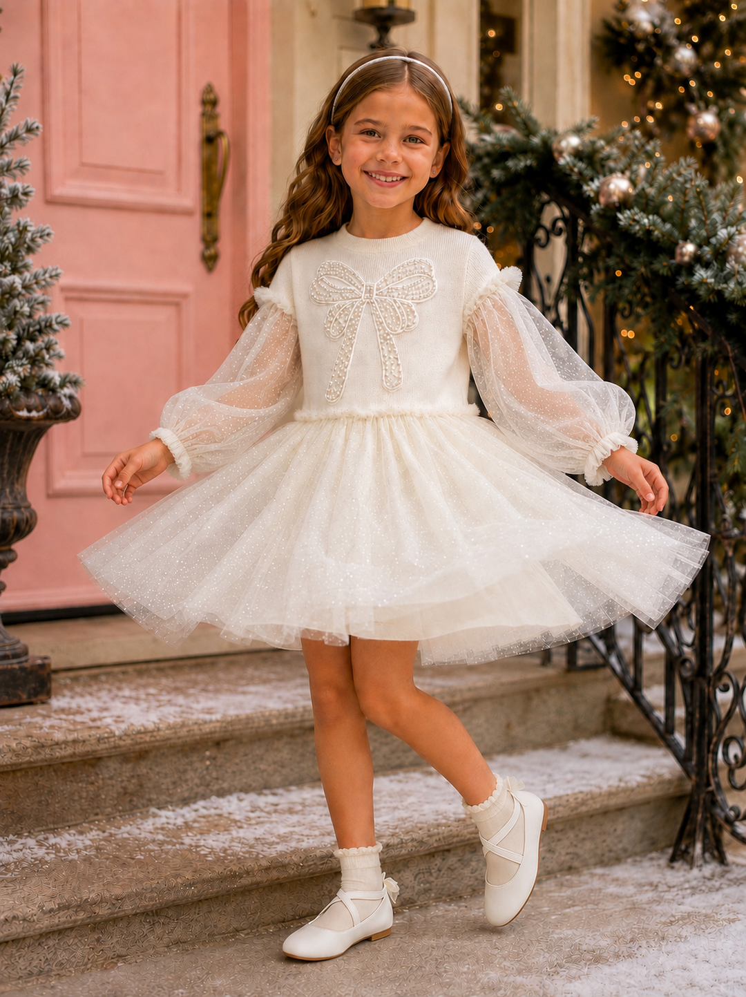 Snowy Sparkle Ivory Bow Tulle Dress