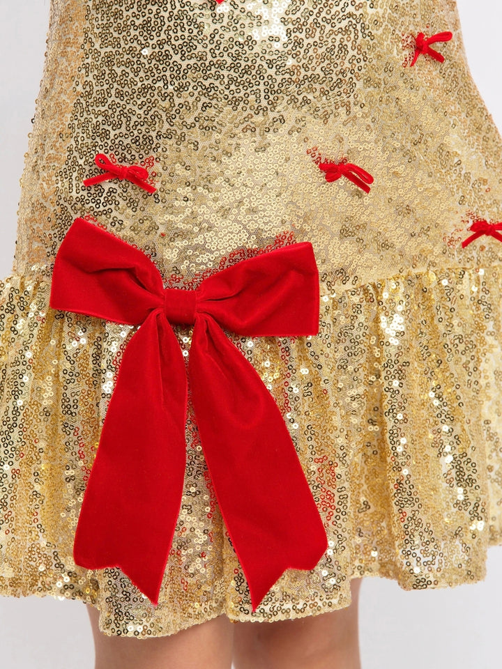 Gold Sequin Bow Christmas Drop Waist Dress