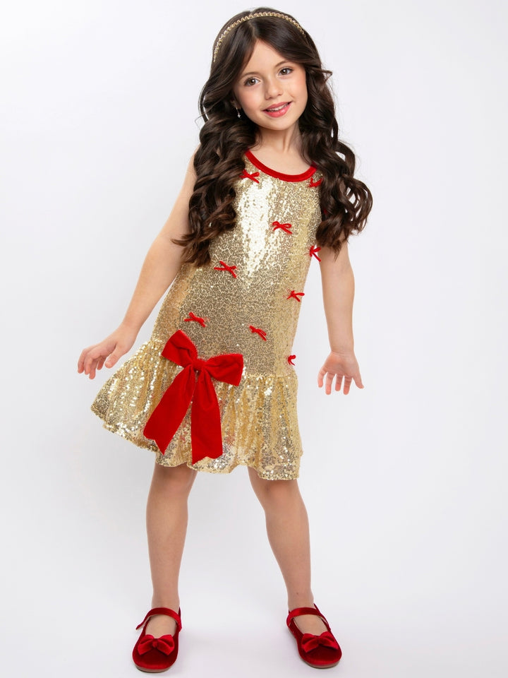 Gold Sequin Bow Christmas Drop Waist Dress