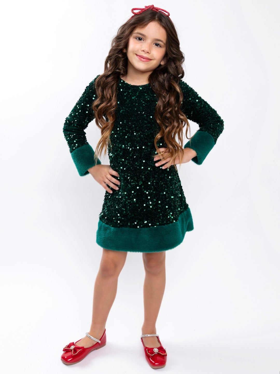 Emerald Green Sequin Faux Fur Trim Shift Dress