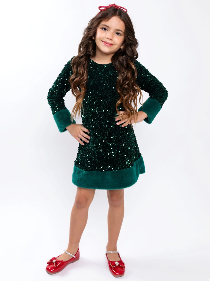 Emerald Green Sequin Faux Fur Trim Shift Dress