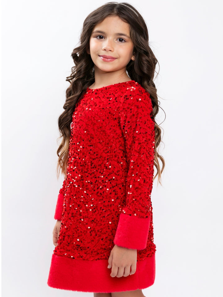 Red Sequin & Faux Fur Trim Christmas Shift Dress