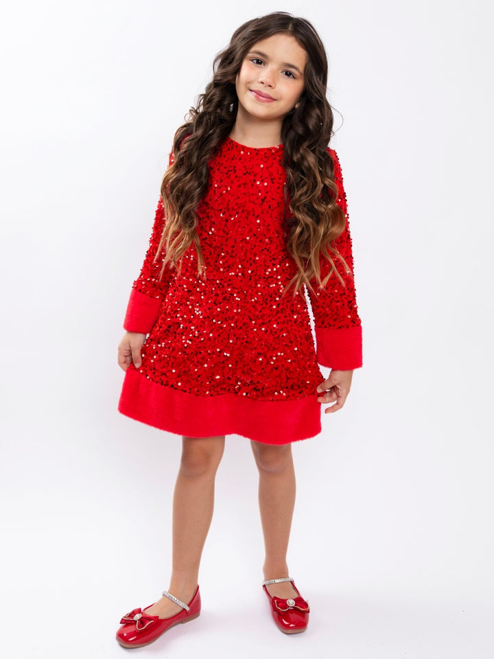 Red Sequin & Faux Fur Trim Christmas Shift Dress