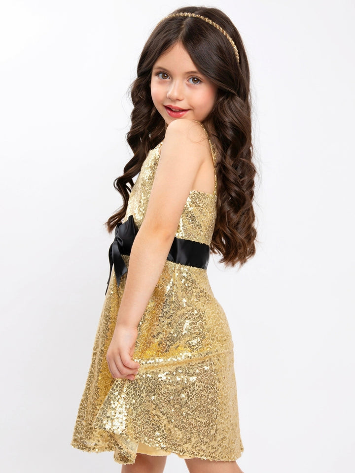 Gold Sequin & Black Satin Bow Holiday Dress