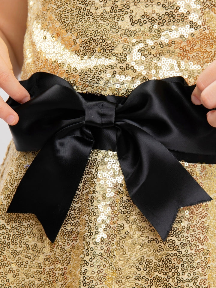 Gold Sequin & Black Satin Bow Holiday Dress