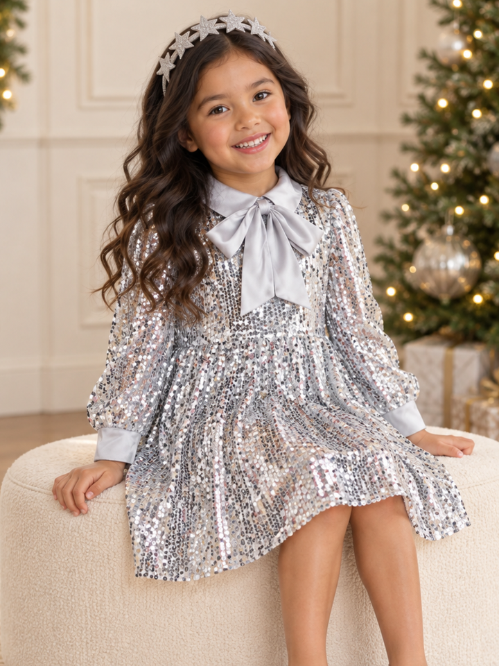 Silver Glitter Tulle & Satin Bow Holiday Dress