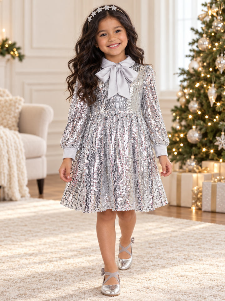 Silver Glitter Tulle & Satin Bow Holiday Dress