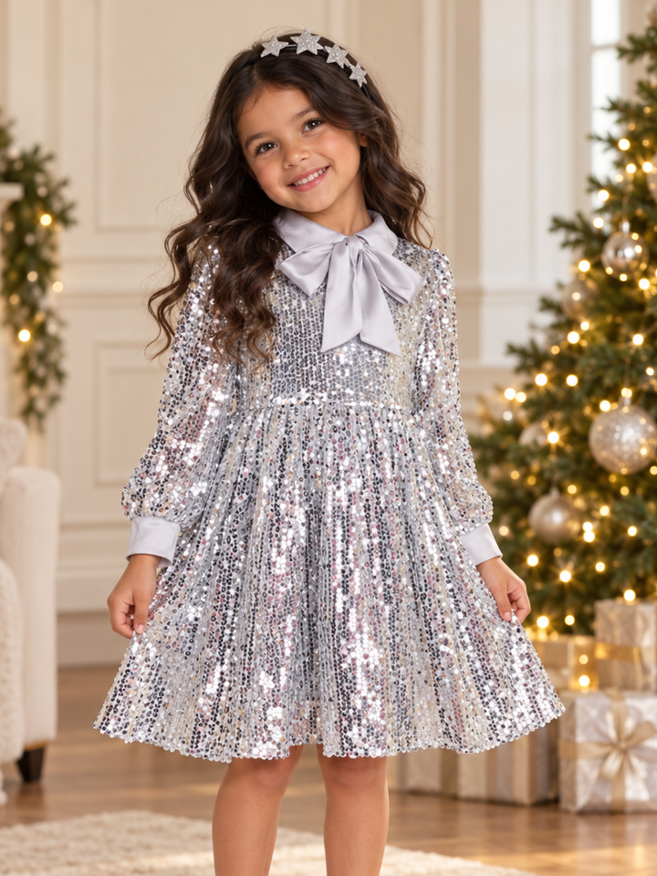 Silver Glitter Tulle & Satin Bow Holiday Dress