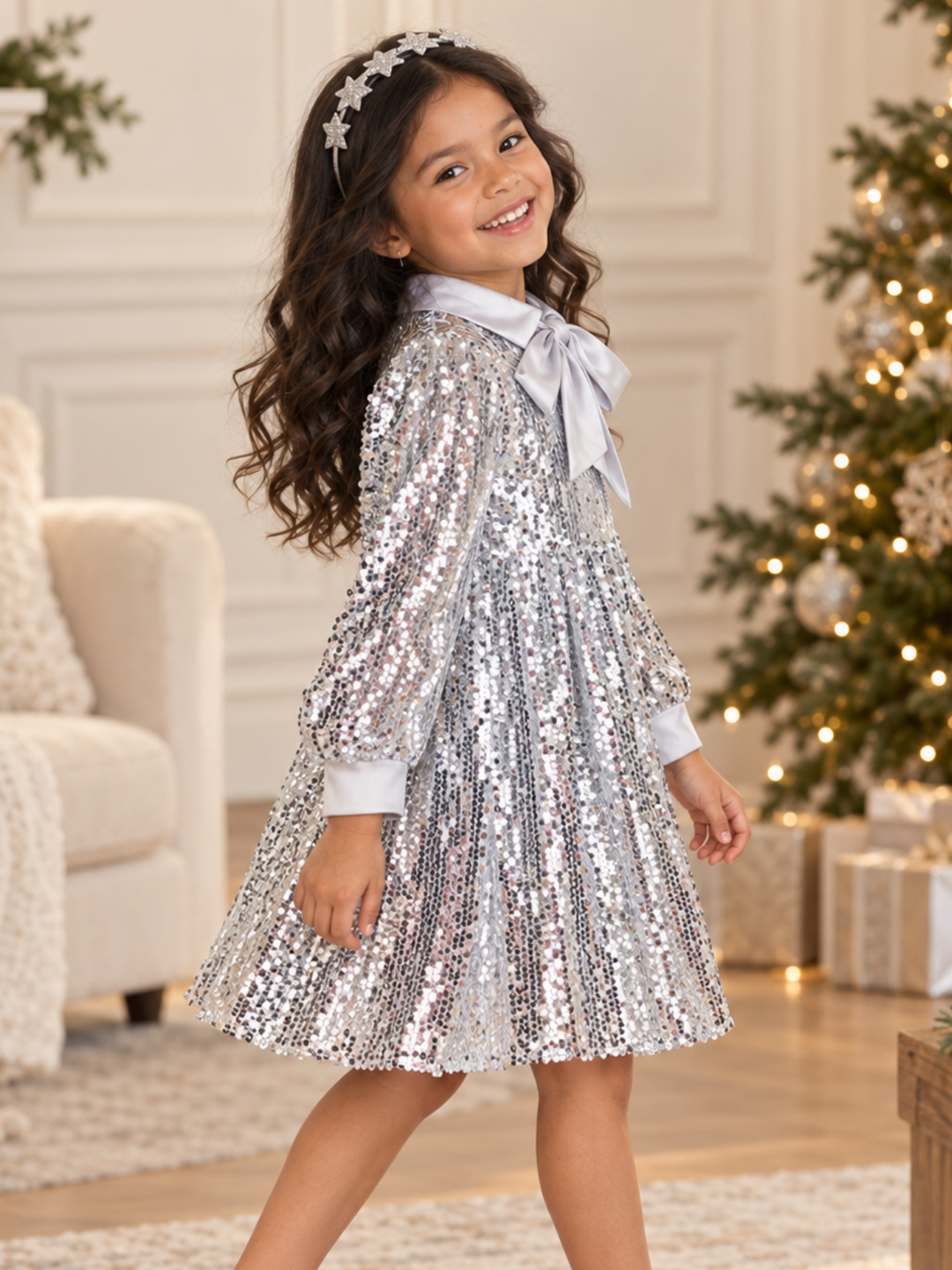 Silver Glitter Tulle & Satin Bow Holiday Dress