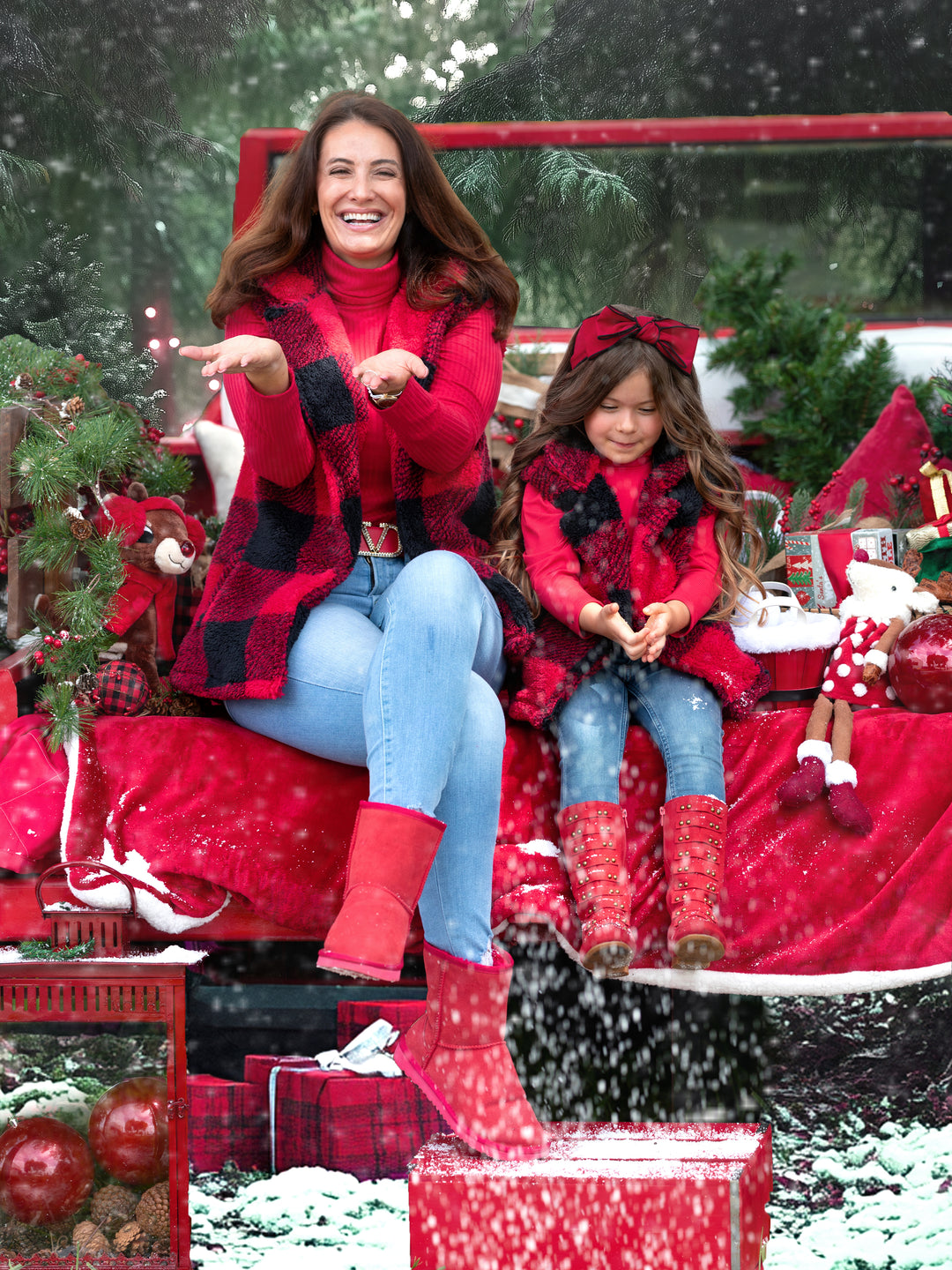 Mommy and Me Furry Buffalo Plaid Outerwear Vest Mia Belle Girls