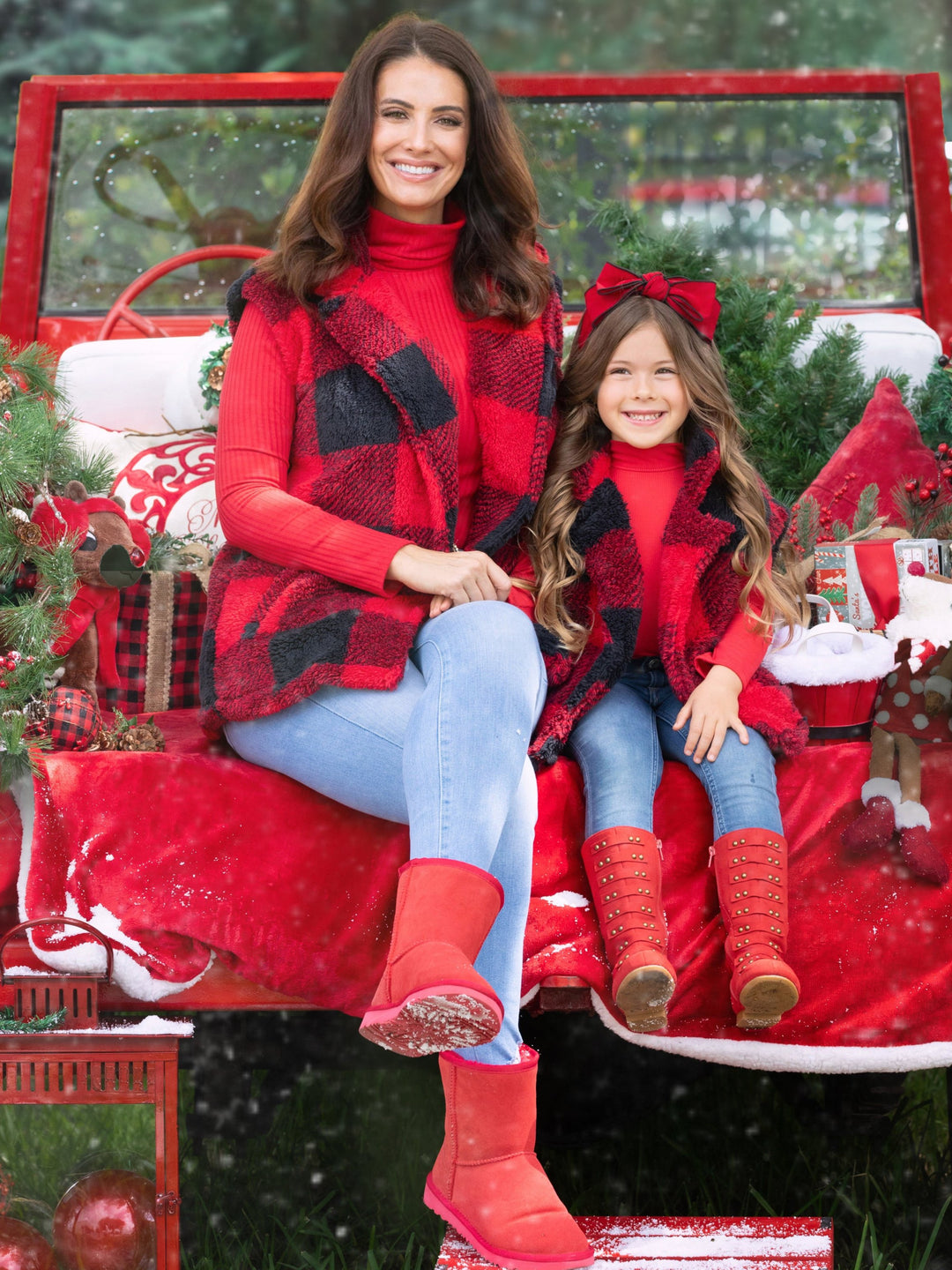 Mommy and Me Furry Buffalo Plaid Outerwear Vest Mia Belle Girls