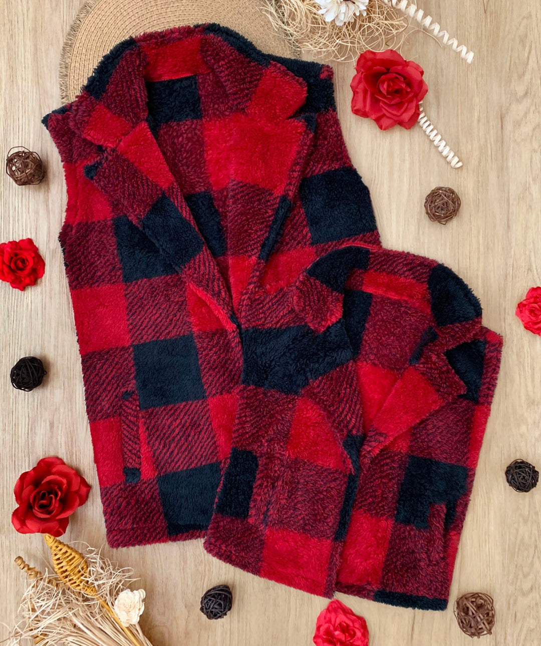 Mommy and Me Furry Buffalo Plaid Outerwear Vest Mia Belle Girls
