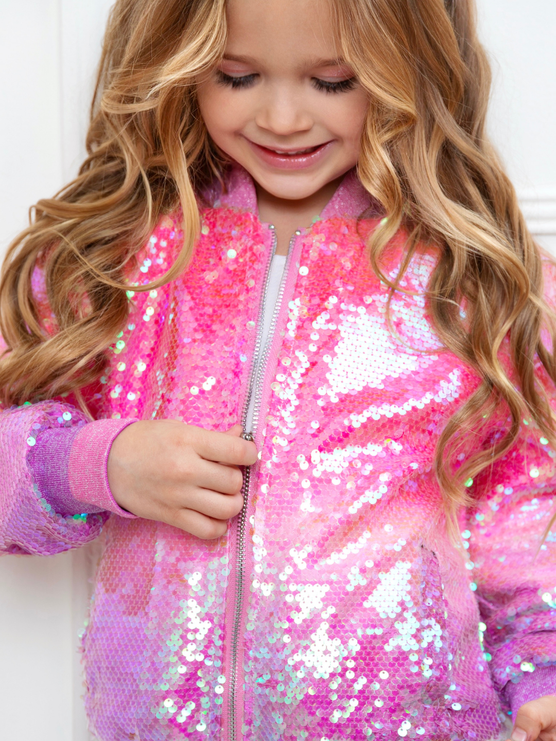 Cute girls sparkly pink bomber jacket with iridescent sequins