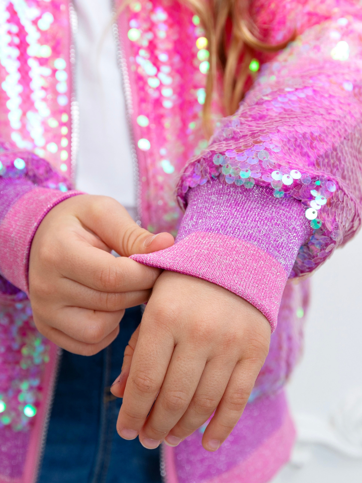 Girls sparkly pink sequin bomber jacket with soft lining