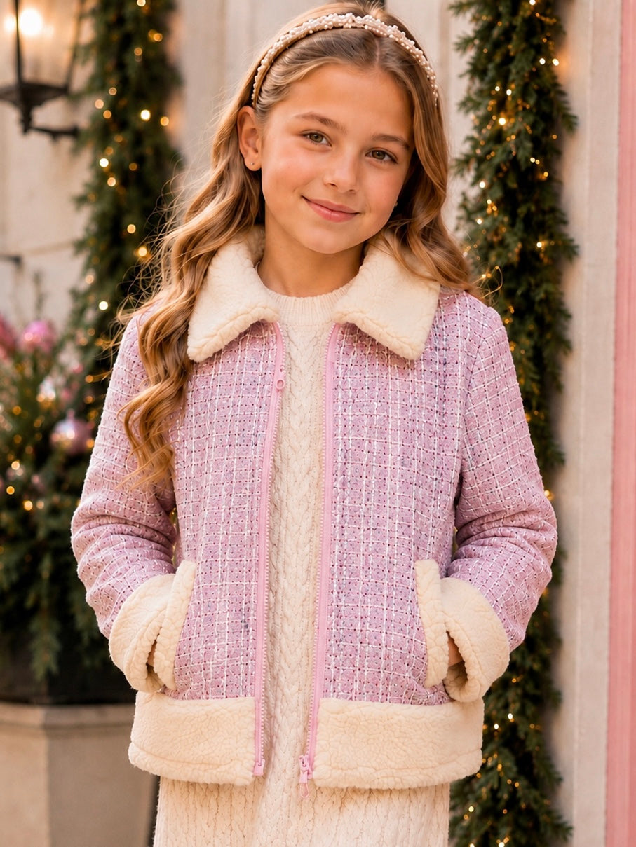 Winter Sparkle Pink Tweed Plush Trim Jacket