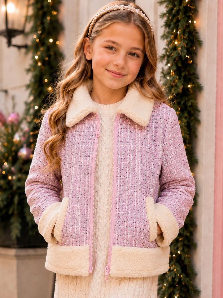 Winter Sparkle Pink Tweed Plush Trim Jacket