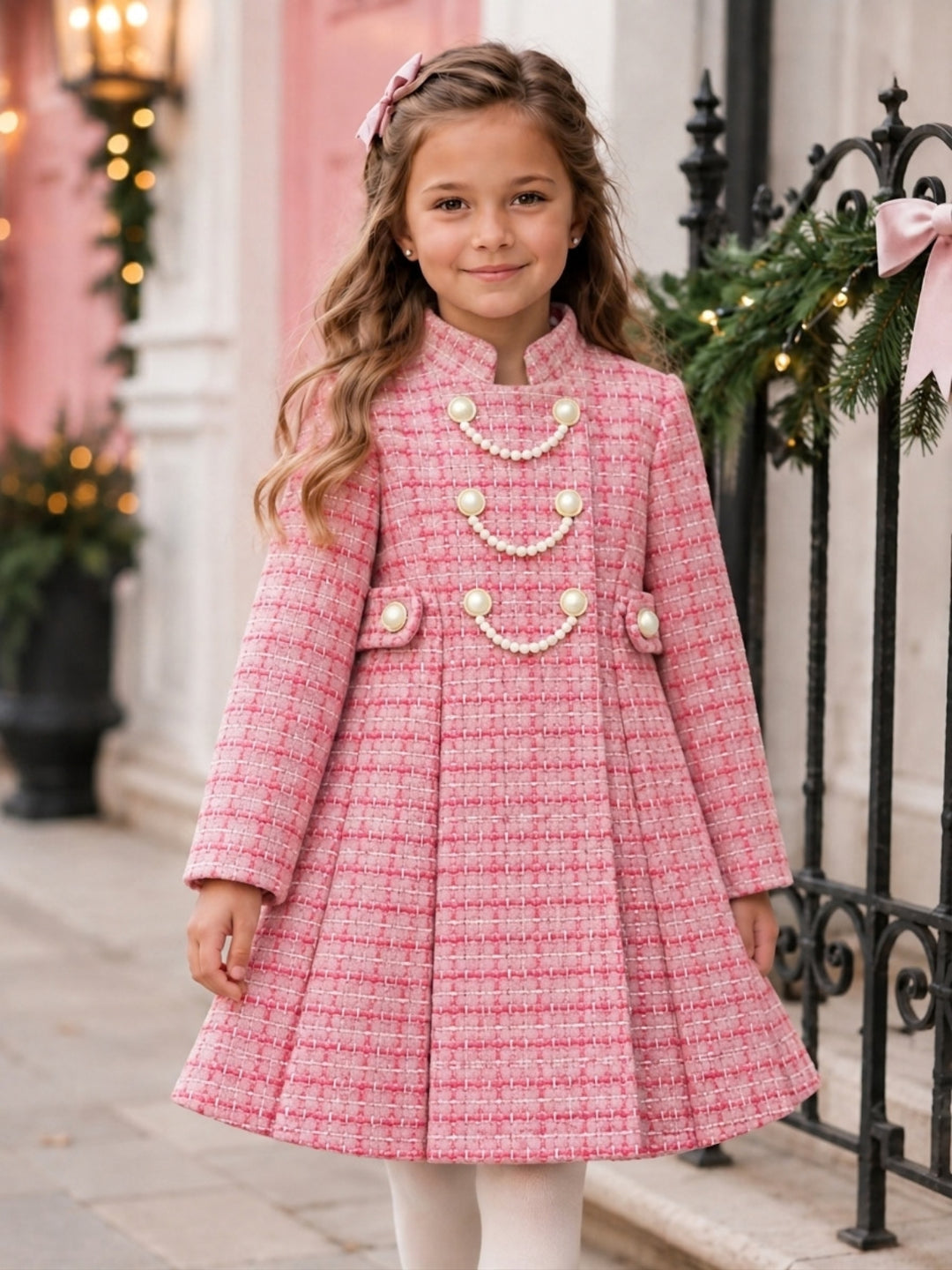 Luxe Rose Pearl Tweed Coat Dress