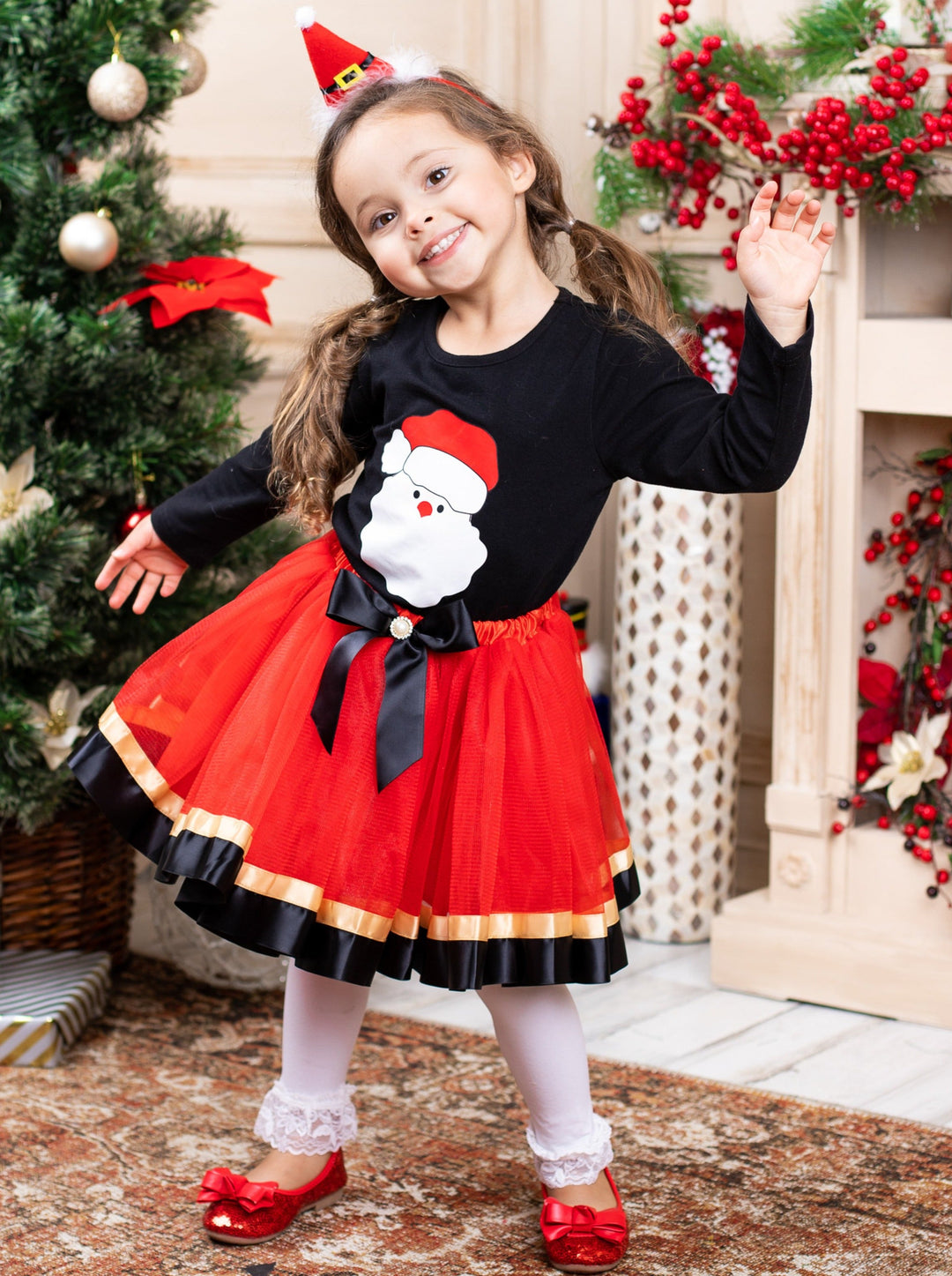 Cute Christmas Skirt Set | Girls Long Sleeved Santa Top Tutu Skirt Set