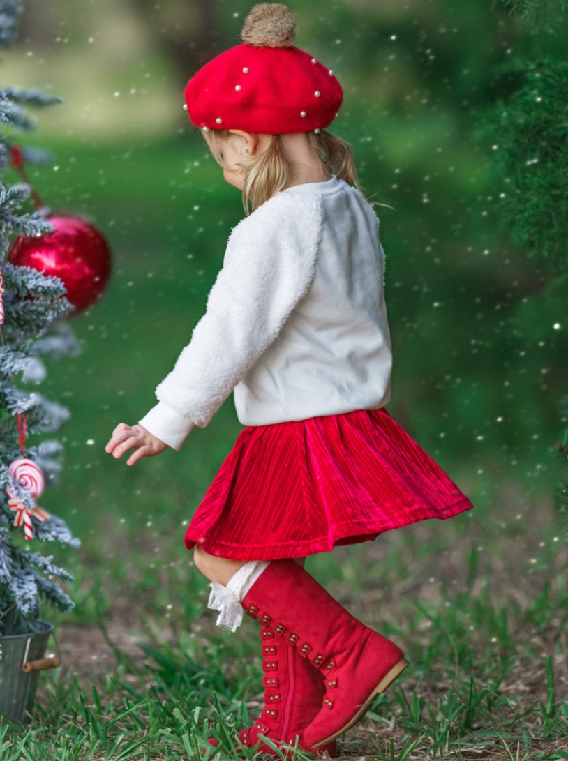 Cute Winter Skirt Sets | Fleece Reindeer Pullover Velvet Skirt Set