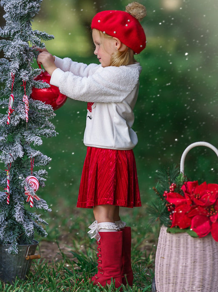 Cute Winter Skirt Sets | Fleece Reindeer Pullover Velvet Skirt Set
