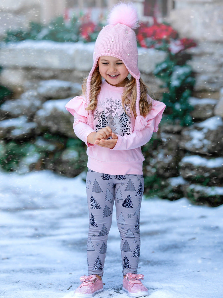 Girls Winter Casual Set | Animal Print Christmas Tree Legging Set
