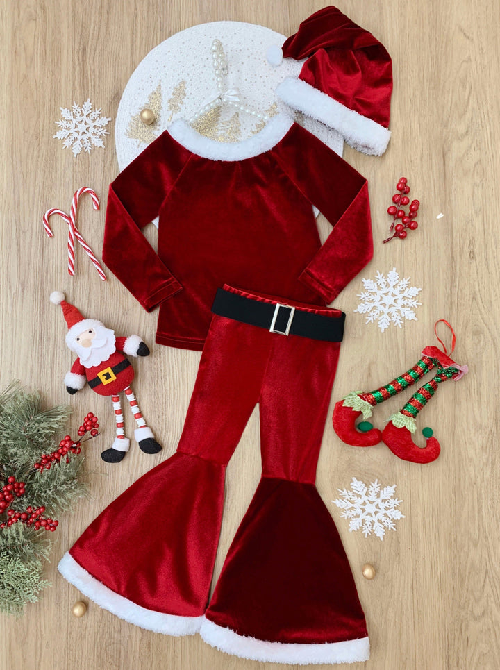 Girls Christmas Outfit | Cute Santa Claus Suit Velvet Bell Bottom Set