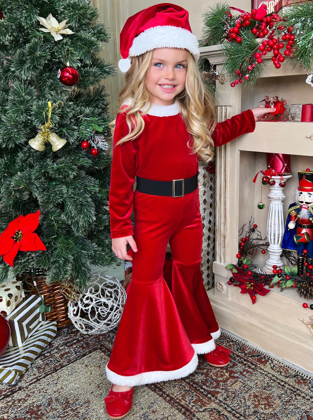 Girls Christmas Outfit | Cute Santa Claus Suit Velvet Bell Bottom Set
