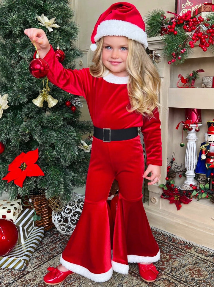 Girls Christmas Outfit | Cute Santa Claus Suit Velvet Bell Bottom Set