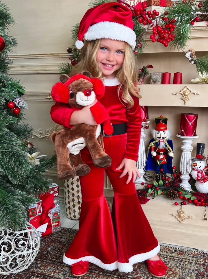 Girls Christmas Outfit | Cute Santa Claus Suit Velvet Bell Bottom Set
