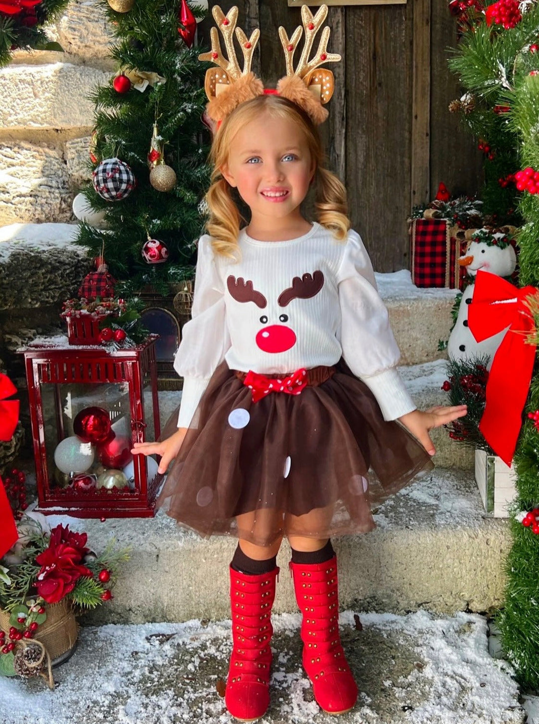 Cute Winter Skirt Sets | Reindeer Top Tutu Skirt Set | Mia Belle Girls