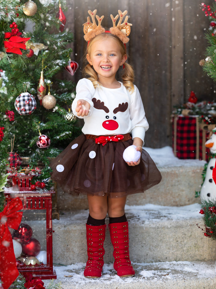 Cute Winter Skirt Sets | Reindeer Top Tutu Skirt Set | Mia Belle Girls